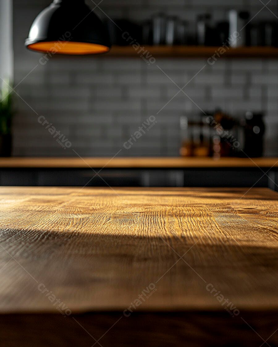 Mesa de madeira iluminada em cozinha moderna