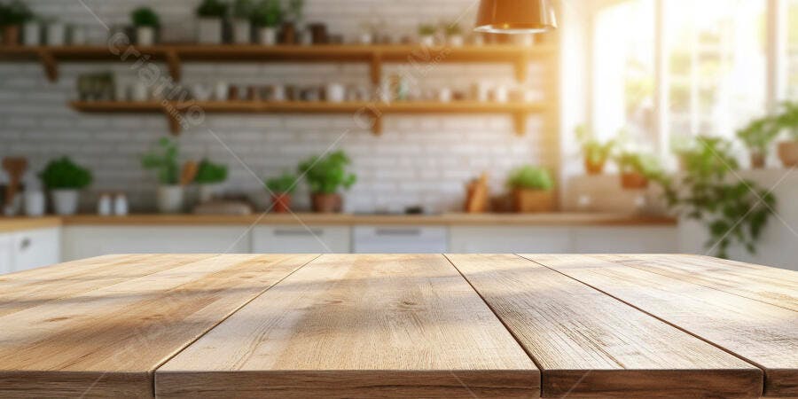 Mesa de madeira em cozinha rústica