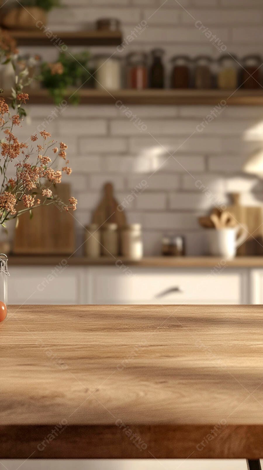 Mesa de madeira em cozinha clara com flores secas