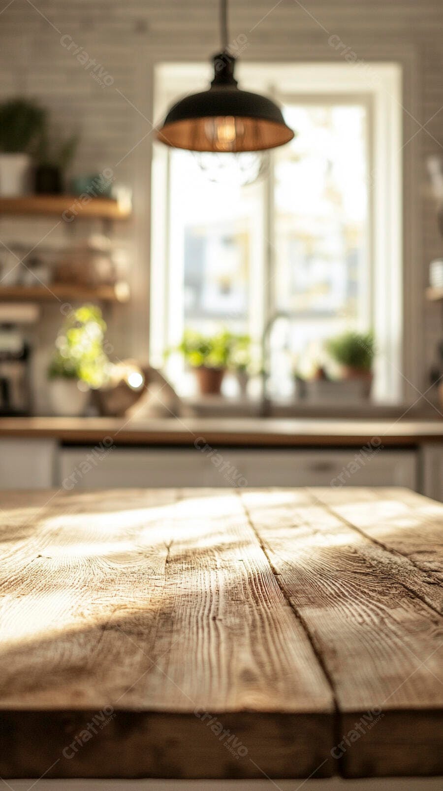 Mesa de madeira rústica em cozinha iluminada
