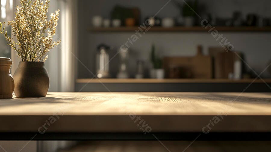 Mesa de madeira iluminada cozinha moderna