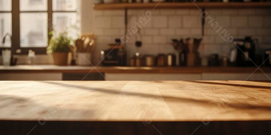 Mesa de madeira em cozinha iluminada pelo sol