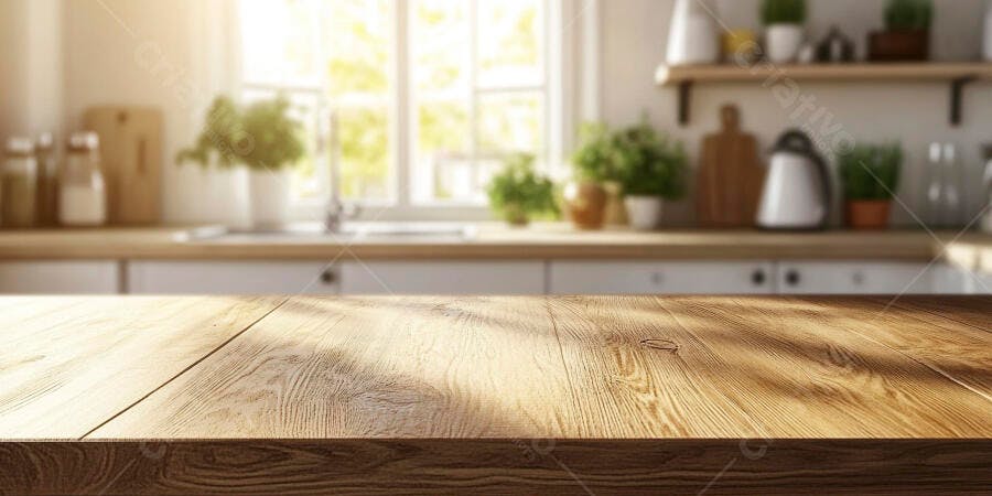 Mesa de madeira em cozinha iluminada