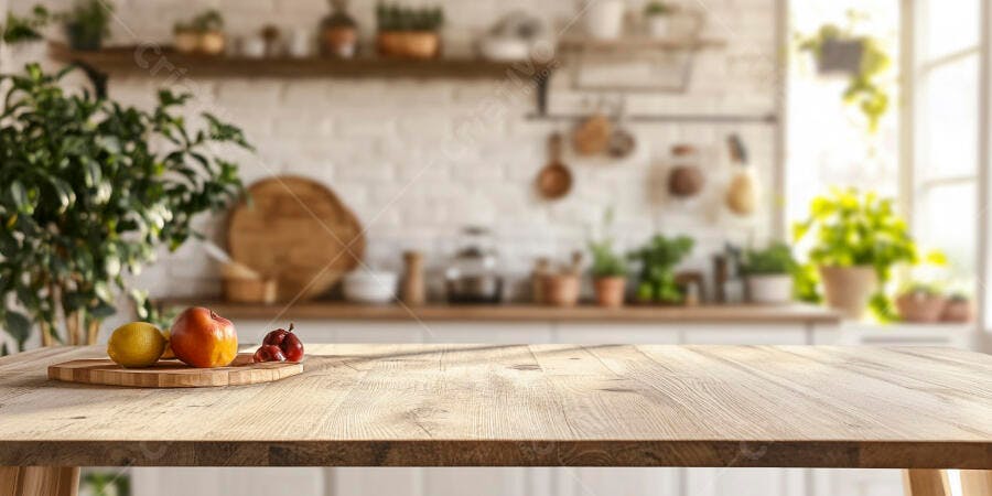 Mesa de madeira com frutas em cozinha aconchegante