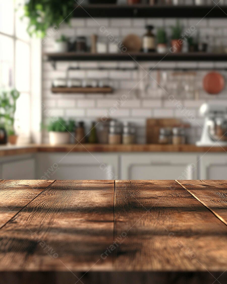 Mesa de madeira rústica em cozinha moderna