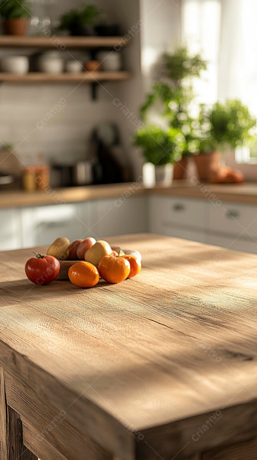 Frutas e legumes frescos sobre mesa de madeira