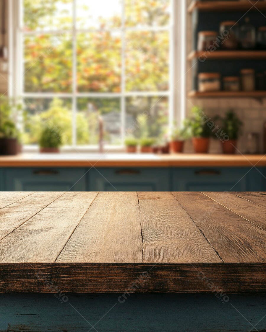Mesa de madeira rústica em cozinha iluminada