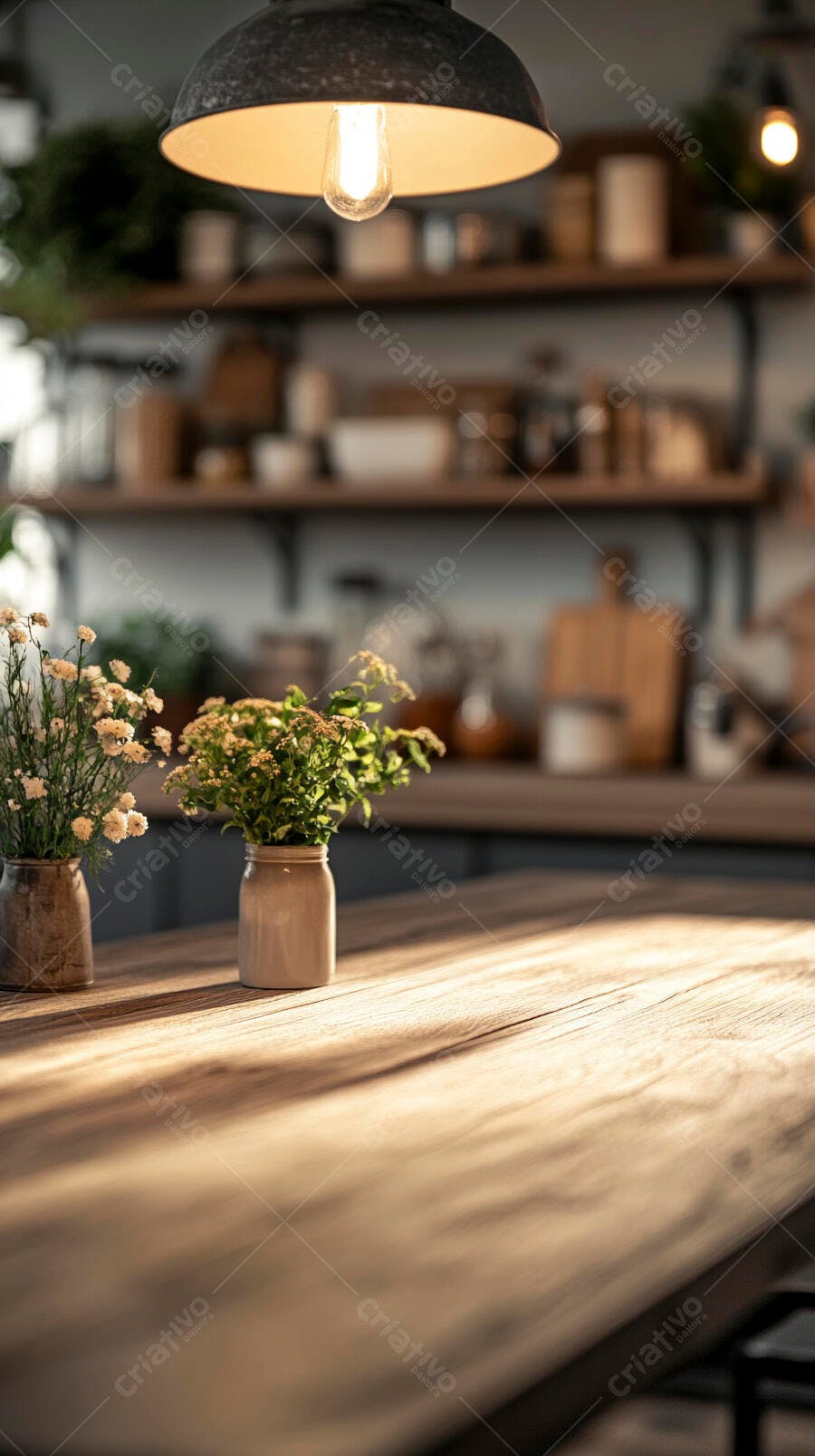 Mesa de madeira rústica com flores em cozinha aconchegante