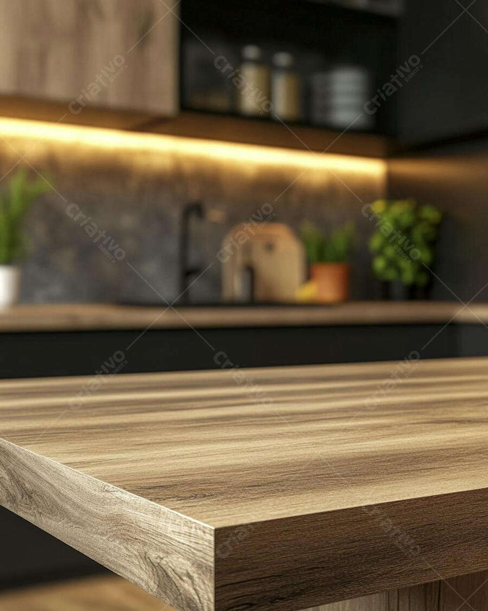 Mesa de Madeira Rústica em Cozinha Iluminada com Utensílios e Copy Space