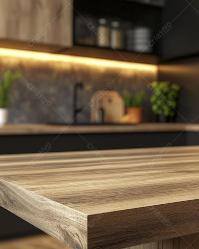 Mesa de Madeira Rústica em Cozinha Iluminada com Utensílios e Copy Space
