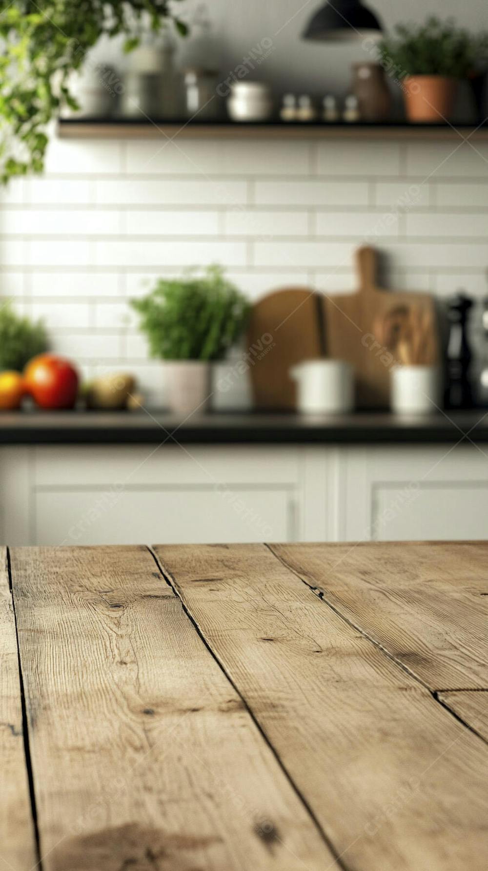 Mesa de Madeira Rústica em Cozinha Iluminada com Utensílios e Copy Space