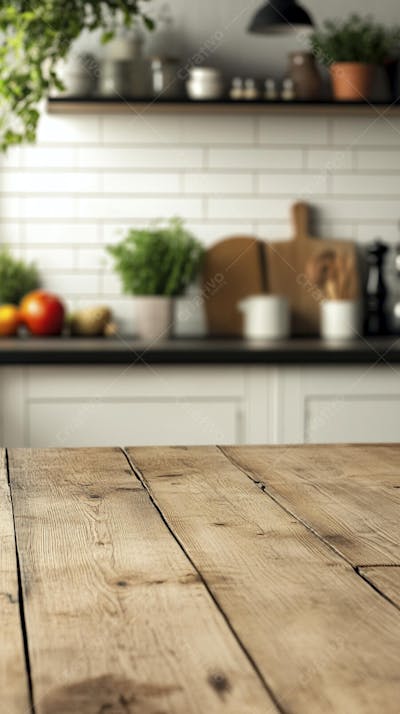 Mesa de Madeira Rústica em Cozinha Iluminada com Utensílios e Copy Space