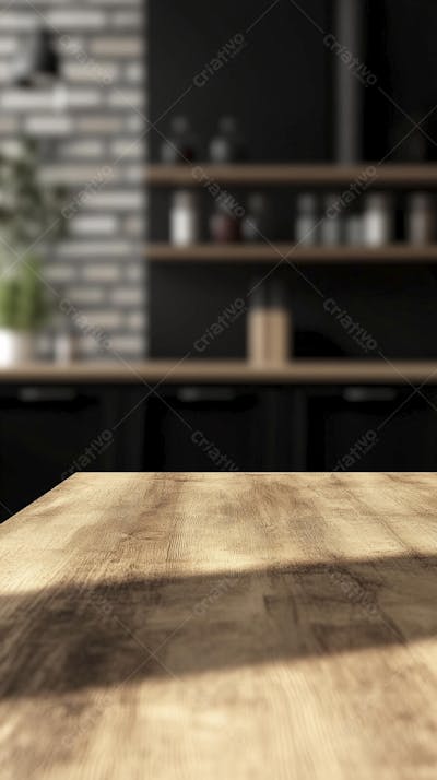Mesa de Madeira Rústica em Cozinha Iluminada com Utensílios e Copy Space