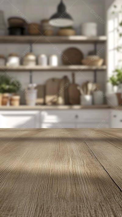 Mesa de Madeira Rústica em Cozinha Iluminada com Utensílios e Copy Space