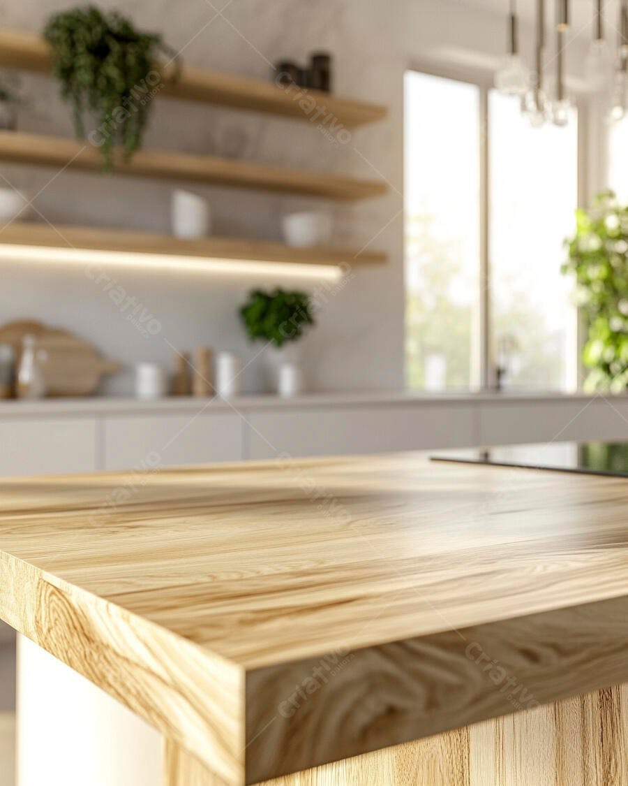 Mesa de madeira em cozinha moderna