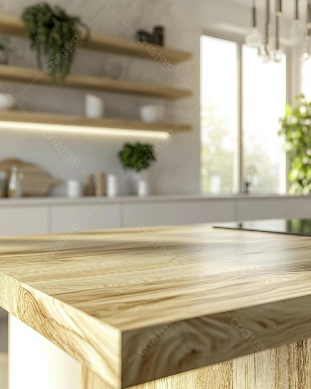 Mesa de Madeira Rústica em Cozinha Iluminada com Utensílios e Copy Space