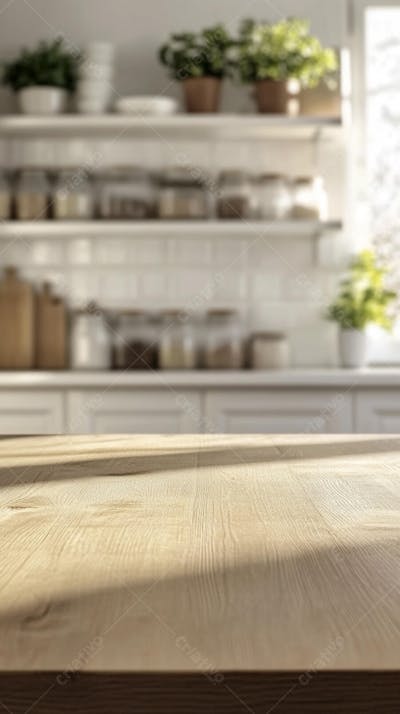 Mesa de Madeira Rústica em Cozinha Iluminada com Utensílios e Copy Space