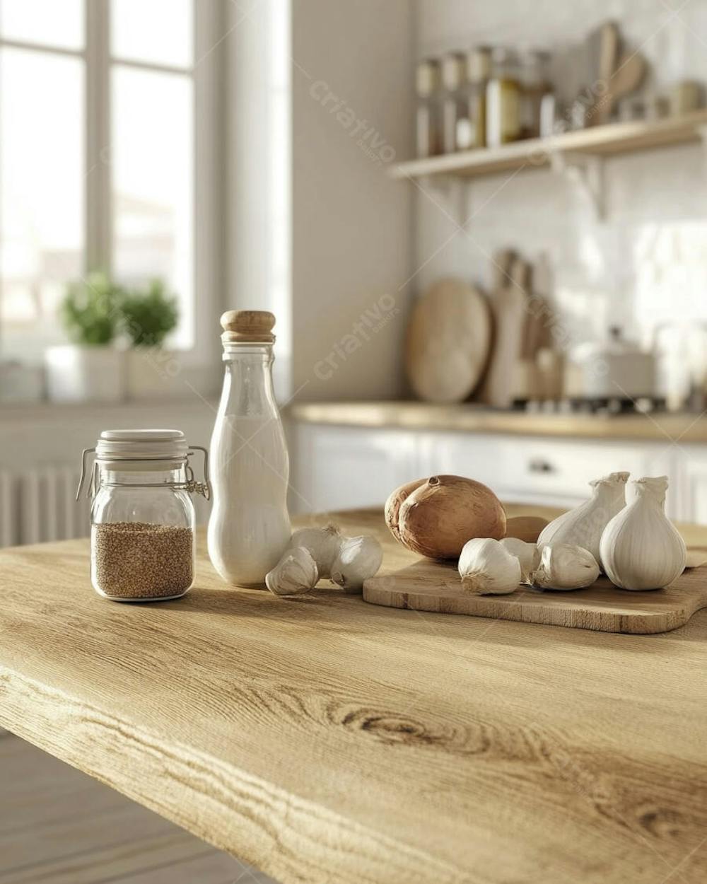 Mesa de Madeira Rústica em Cozinha Iluminada com Utensílios e Copy Space