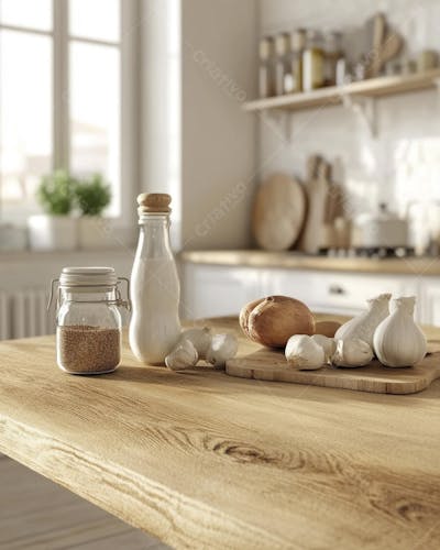 Mesa de Madeira Rústica em Cozinha Iluminada com Utensílios e Copy Space