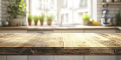 Mesa de Madeira Rústica em Cozinha Iluminada com Utensílios e Copy Space