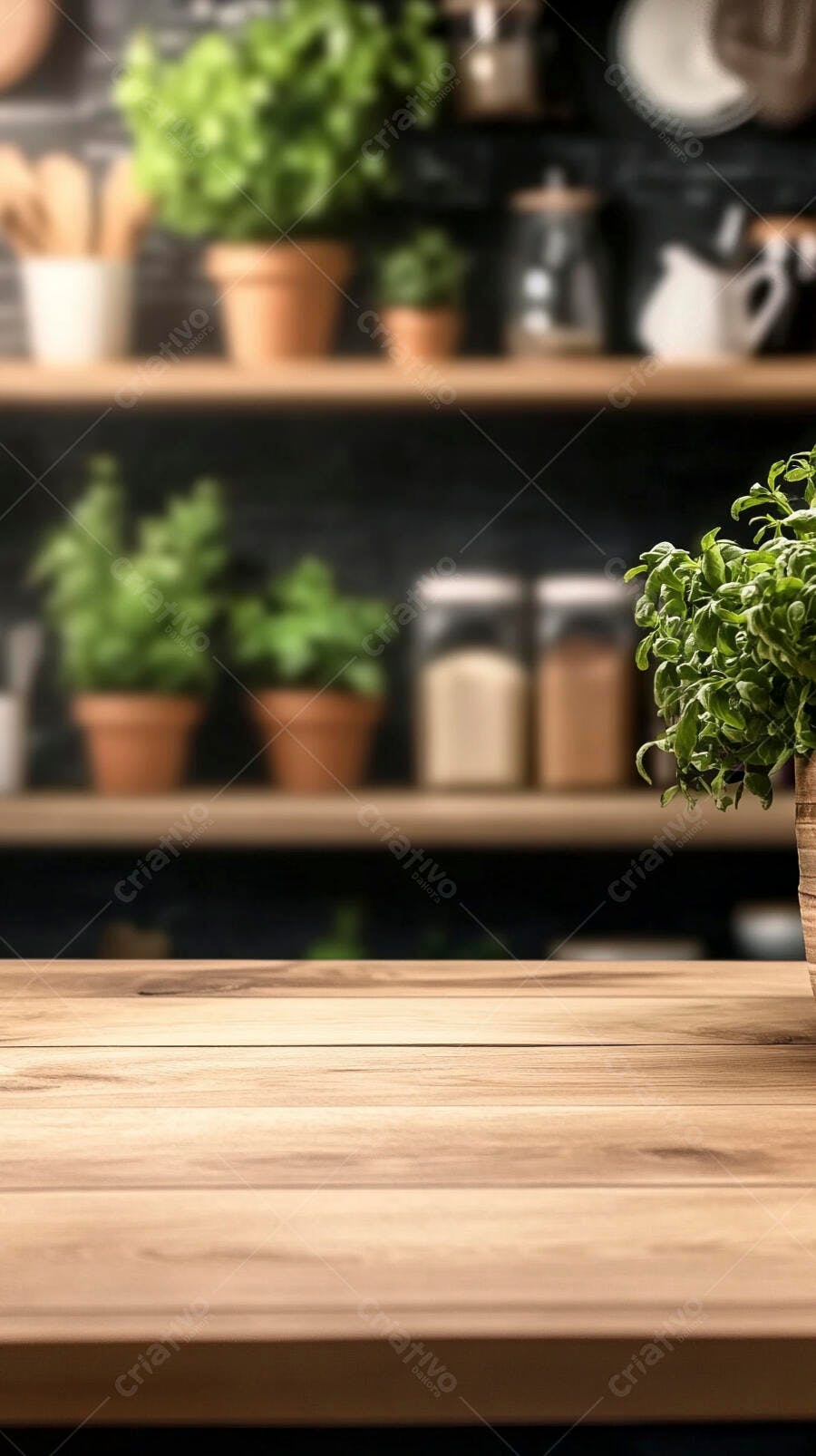 Mesa de madeira com ervas em vaso cozinha