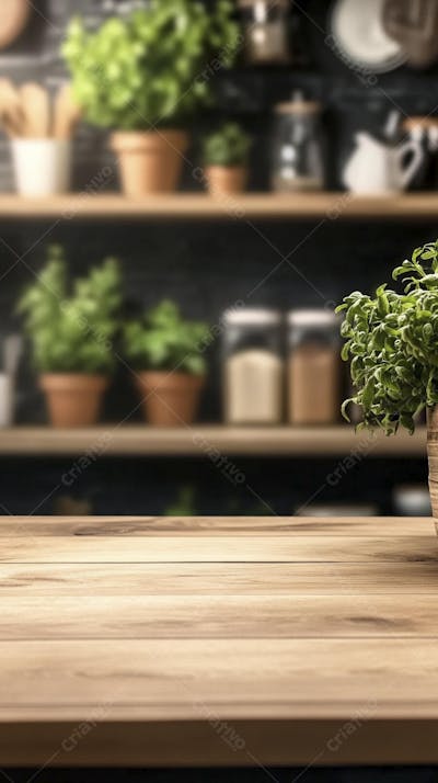 Mesa de Madeira Rústica em Cozinha Iluminada com Utensílios e Copy Space