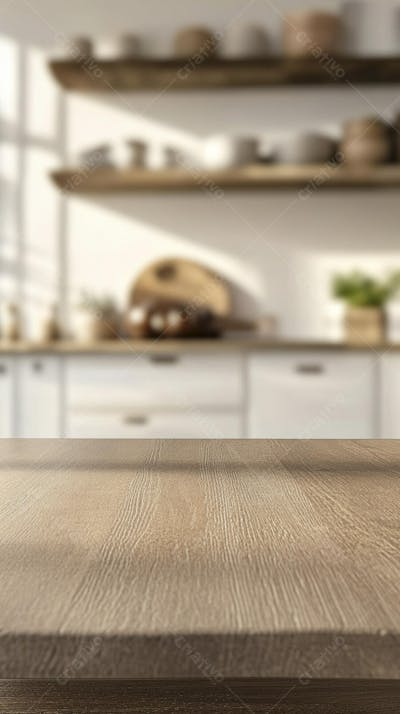 Mesa de Madeira Rústica em Cozinha Iluminada com Utensílios e Copy Space