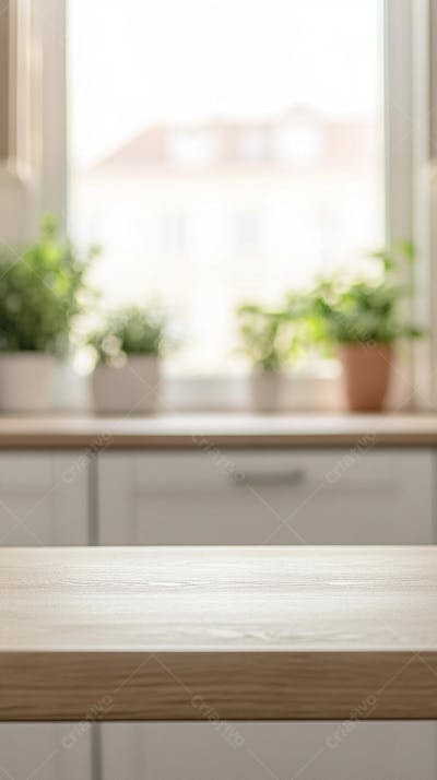 Mesa de Madeira Rústica em Cozinha Iluminada com Utensílios e Copy Space