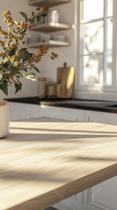 Mesa de Madeira Rústica em Cozinha Iluminada com Utensílios e Copy Space
