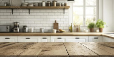 Mesa de Madeira Rústica em Cozinha Iluminada com Utensílios e Copy Space