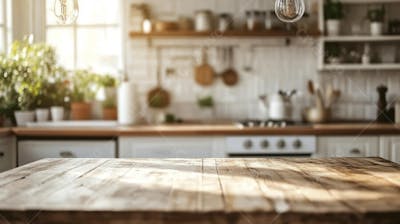 Mesa de Madeira Rústica em Cozinha Iluminada com Utensílios e Copy Space