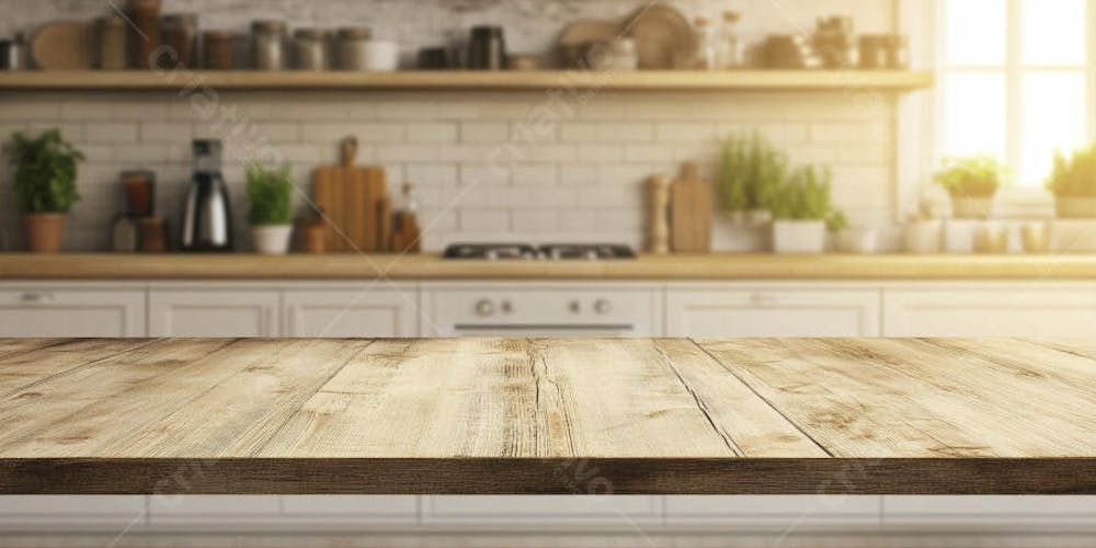 Mesa de Madeira Rústica em Cozinha Iluminada com Utensílios e Copy Space