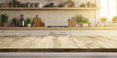 Mesa de Madeira Rústica em Cozinha Iluminada com Utensílios e Copy Space