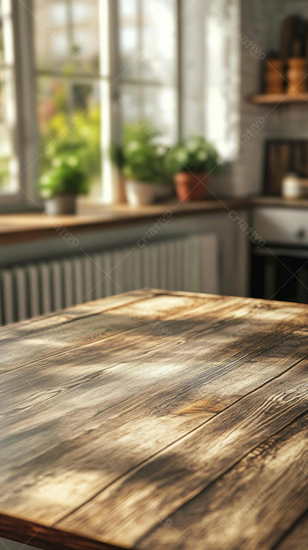 Mesa de Madeira Rústica em Cozinha Iluminada com Utensílios e Copy Space