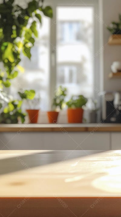 Mesa de Madeira Rústica em Cozinha Iluminada com Utensílios e Copy Space