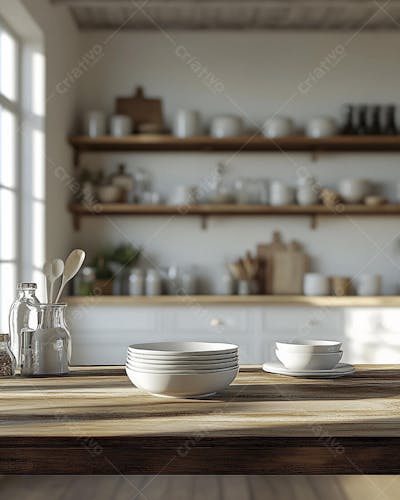 Mesa de Madeira Rústica em Cozinha Iluminada com Utensílios e Copy Space