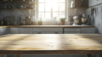 Mesa de Madeira Rústica em Cozinha Iluminada com Utensílios e Copy Space