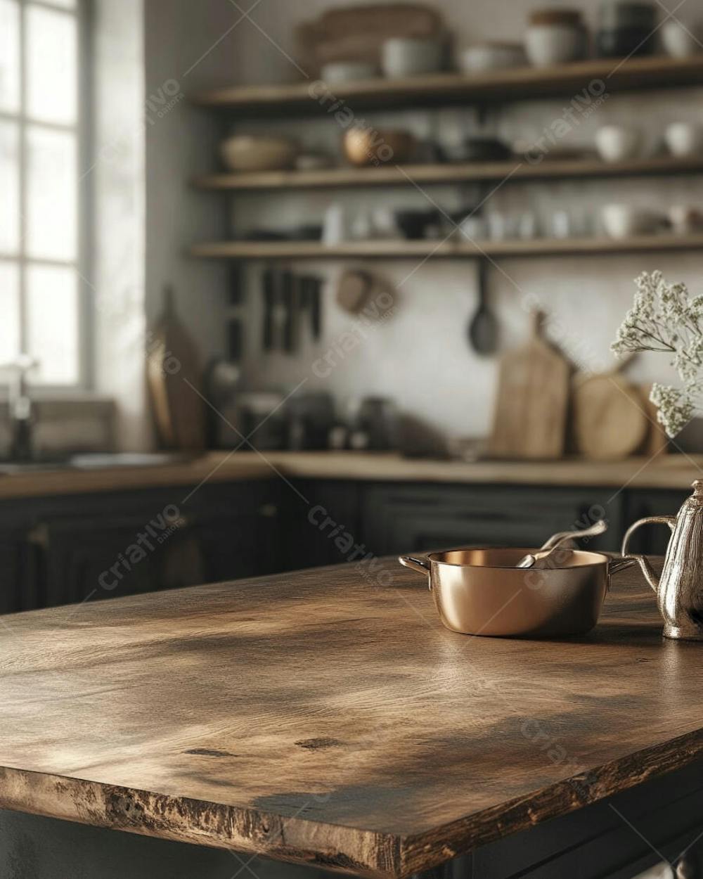 Mesa de Madeira Rústica em Cozinha Iluminada com Utensílios e Copy Space