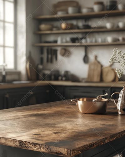 Mesa de Madeira Rústica em Cozinha Iluminada com Utensílios e Copy Space