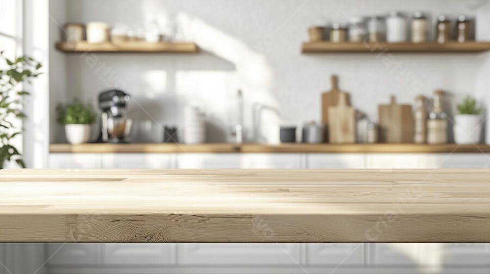 Mesa de Madeira Rústica em Cozinha Iluminada com Utensílios e Copy Space