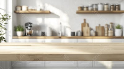 Mesa de Madeira Rústica em Cozinha Iluminada com Utensílios e Copy Space