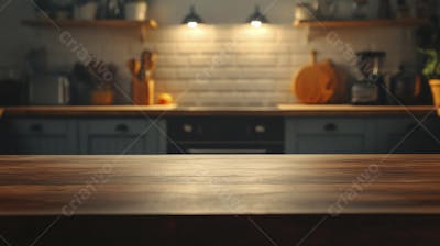 Mesa de Madeira Rústica em Cozinha Iluminada com Utensílios e Copy Space