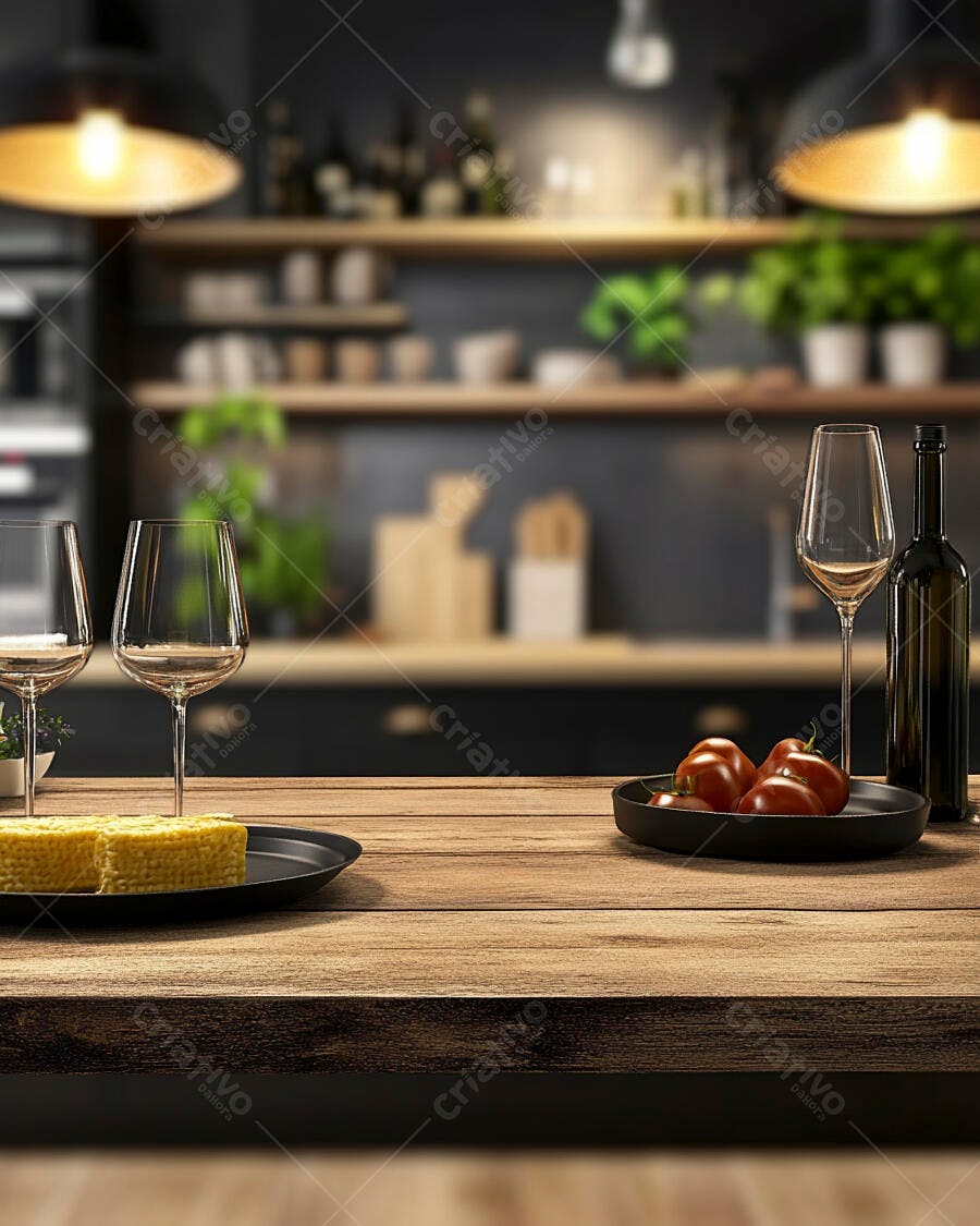 Mesa de madeira com milho, tomates e vinhos em cozinha moderna
