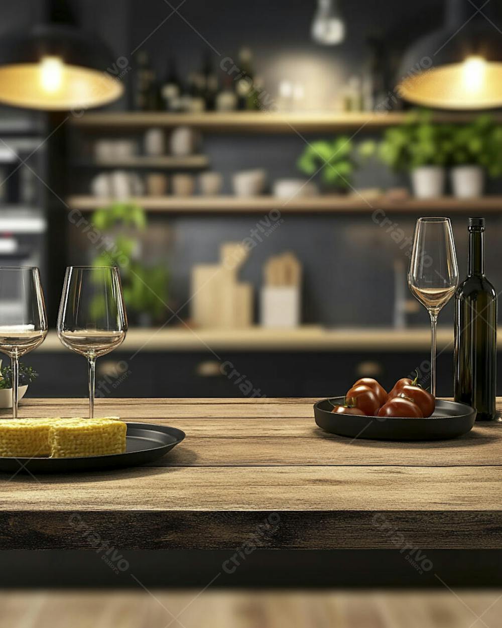 Mesa de Madeira Rústica em Cozinha Iluminada com Utensílios e Copy Space