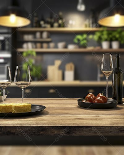 Mesa de Madeira Rústica em Cozinha Iluminada com Utensílios e Copy Space
