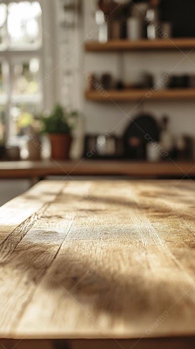 Mesa de Madeira Rústica em Cozinha Iluminada com Utensílios e Copy Space