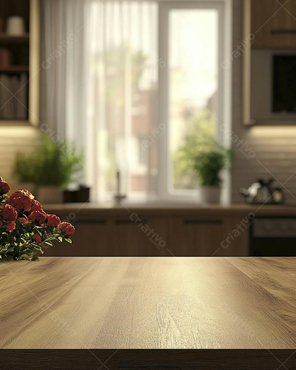 Mesa de Madeira Rústica em Cozinha Iluminada com Utensílios e Copy Space