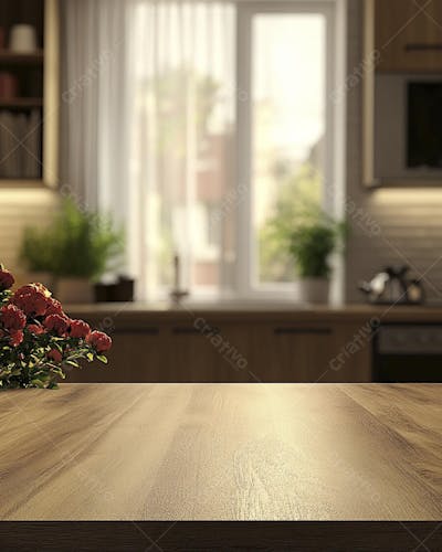 Mesa de Madeira Rústica em Cozinha Iluminada com Utensílios e Copy Space