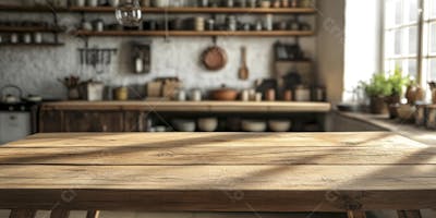 Mesa de Madeira Rústica em Cozinha Iluminada com Utensílios e Copy Space