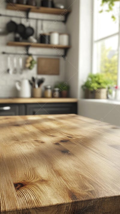 Mesa de Madeira Rústica em Cozinha Iluminada com Utensílios e Copy Space